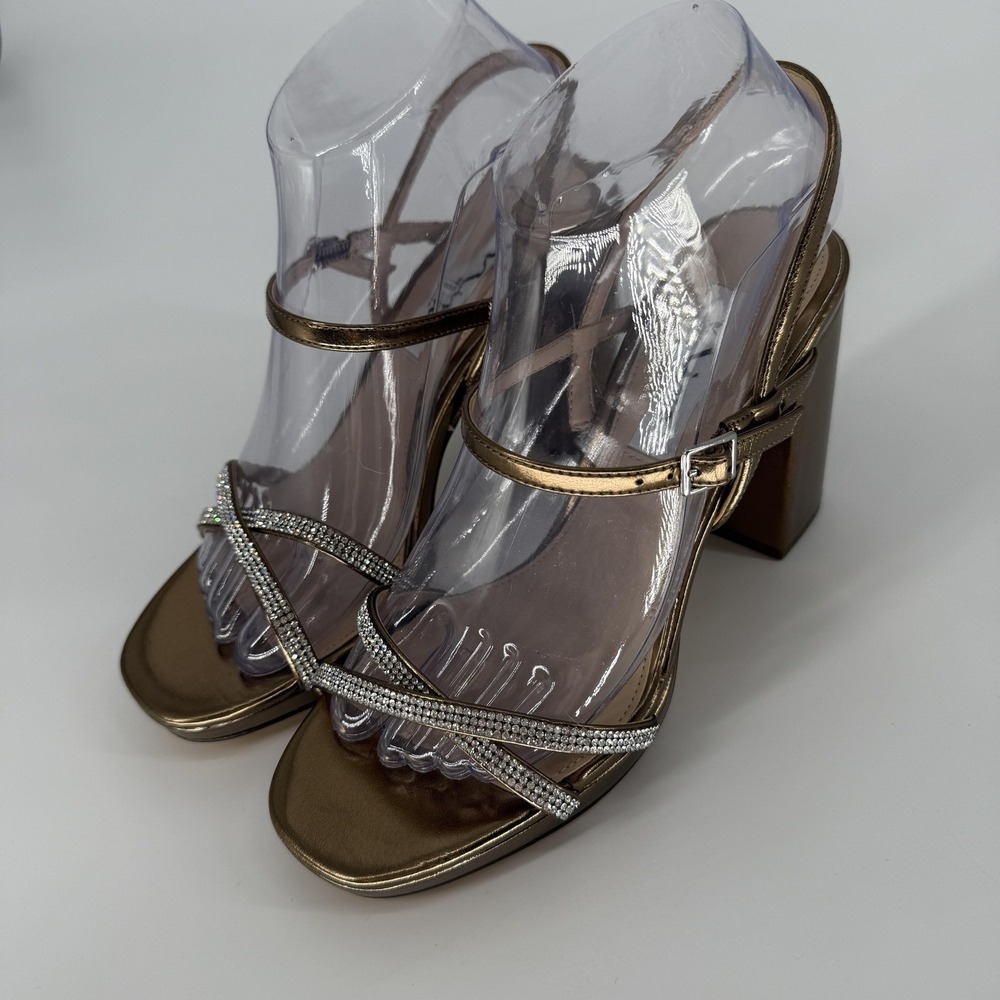Nina Steven-YY Sandal Women 7.5 Bronze Rhinestone Block Heel Slingback